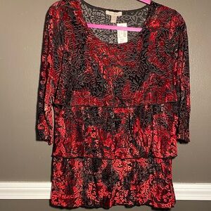 Roz+Ali Velvet Burnout Elegant Red and Black Tiered Top w/3/4 Sleeves
